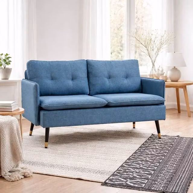 Wyld Haus Mado 2 Seater Upholstered Sofa in Dark Blue with Gold Steel Legs – 1