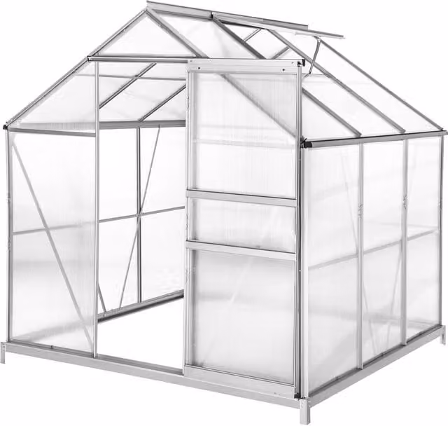 tectake Aluminium Greenhouse with Foundation and Polycarbonate Sliding Windows in Transparent