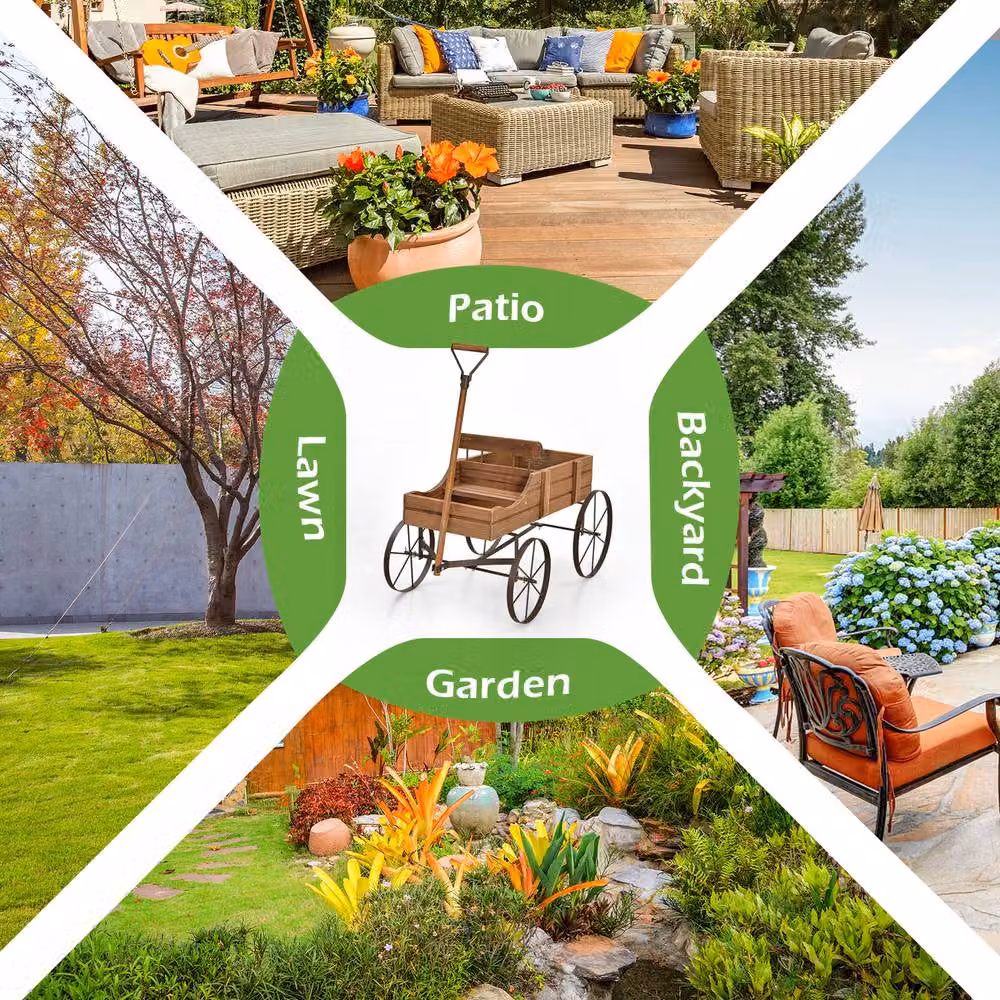Gymax Brown Wood and Metal Decorative Flower Planter Wagon with Wheels – 3
