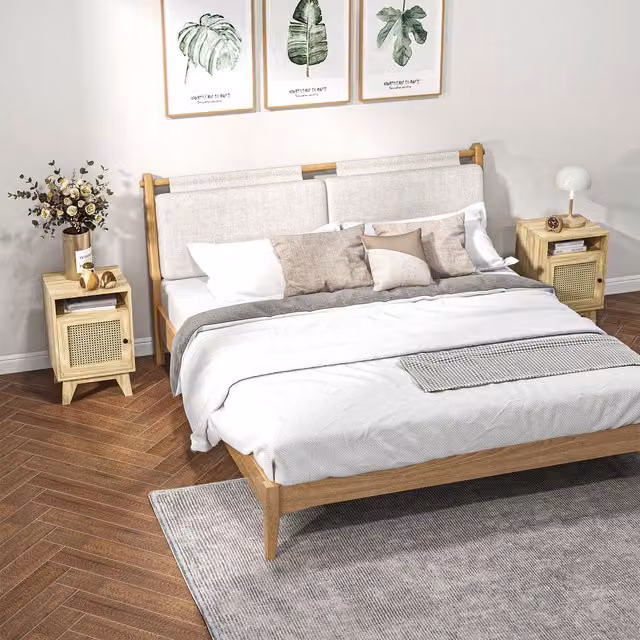 HOMCOM Rattan Nightstand and Bedside Table with Drawer and Shelf in Light Brown