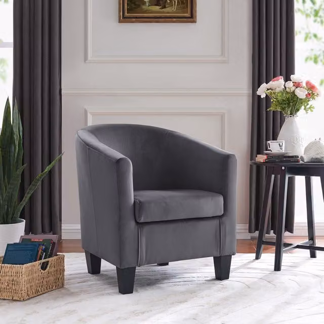 GRS Audrey Accent Bucket Tub Chair in Dark Grey Velvet with Wood Effect Legs