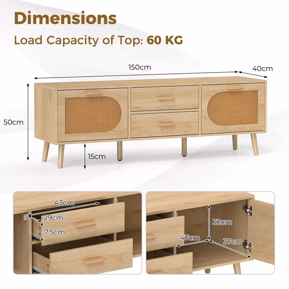 Kelvenix Brown Rattan and Wood Boho TV Stand with Media Compartments, Width: 150 cm – 2