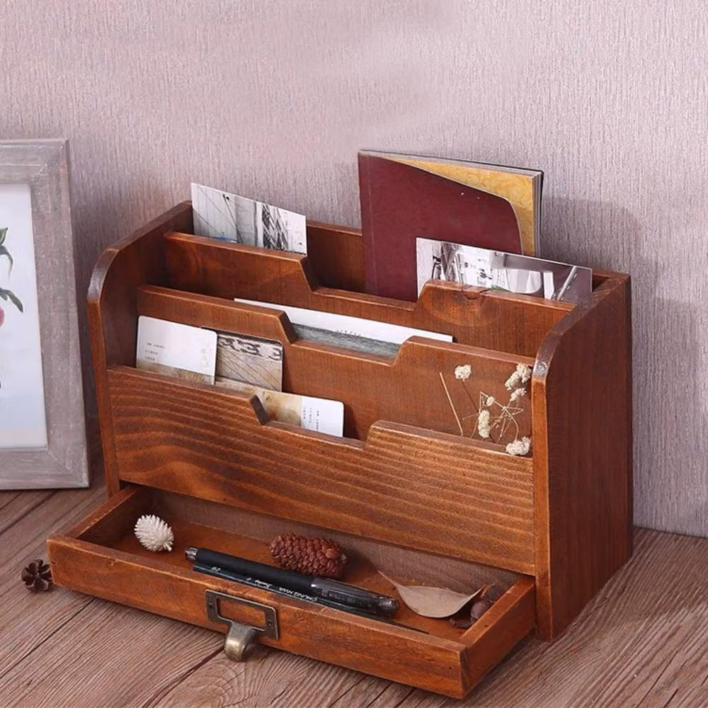 Kelvenix Rustic Solid Wood Desktop Letter Tray and File Storage Box in Brown with Handles – 3