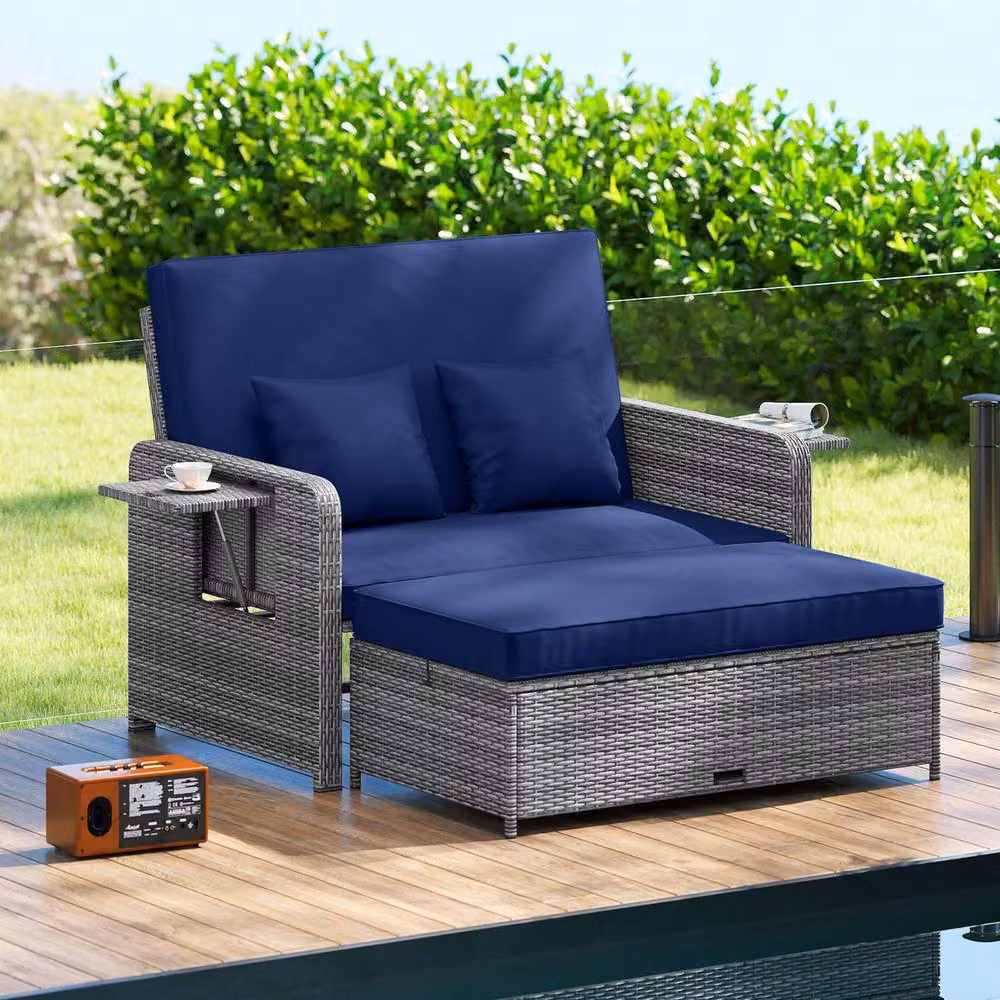 Costway 2-Piece Navy Blue PE Wicker Daybed and Patio Rattan Furniture Set with 4-Level Backrest – 4