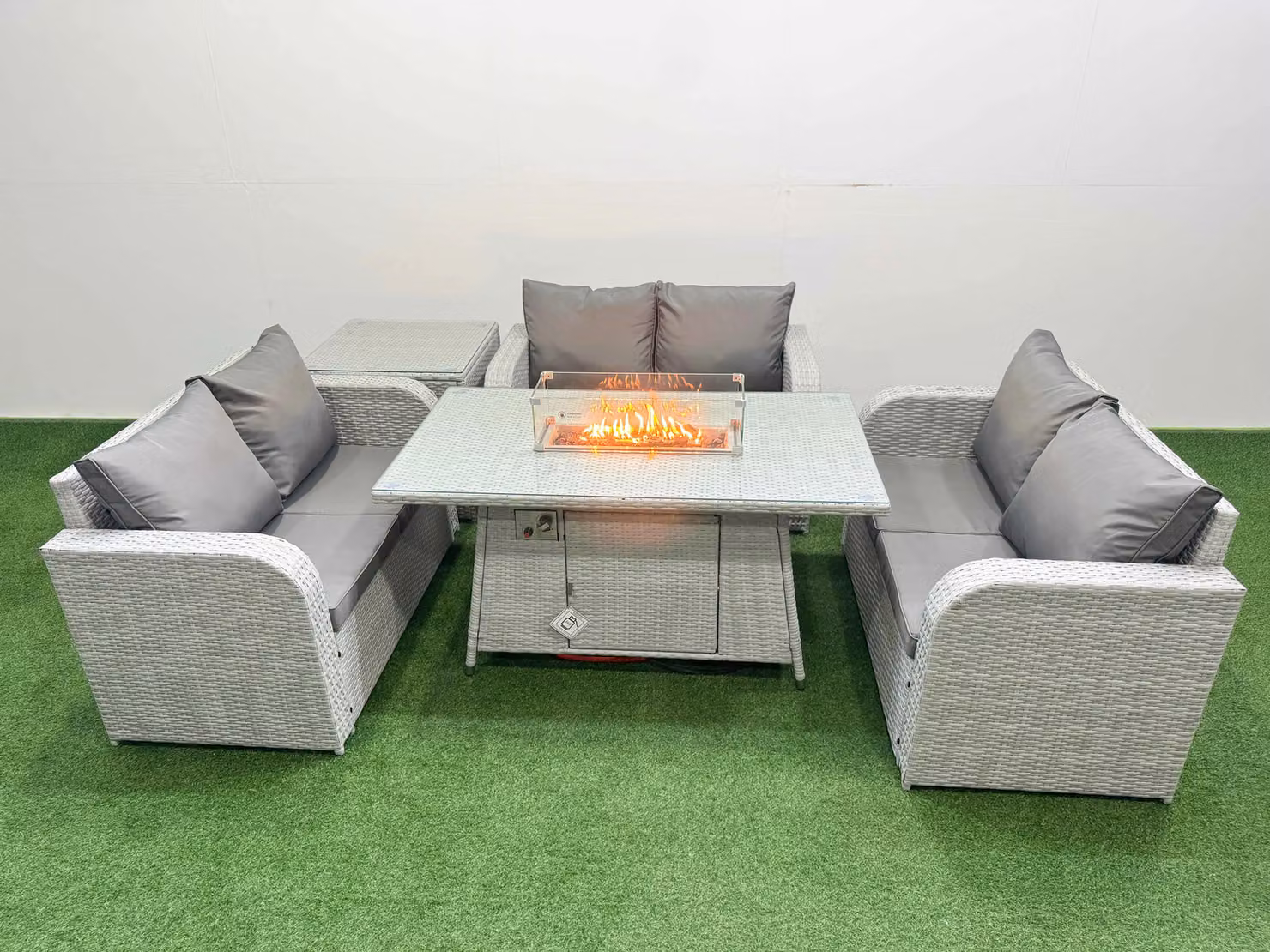 Fimous 6 Seater PE Wicker Rattan Garden Furniture Set with Firepit Dining Table, 2 Seater Love Sofa and Side Table in Light Grey