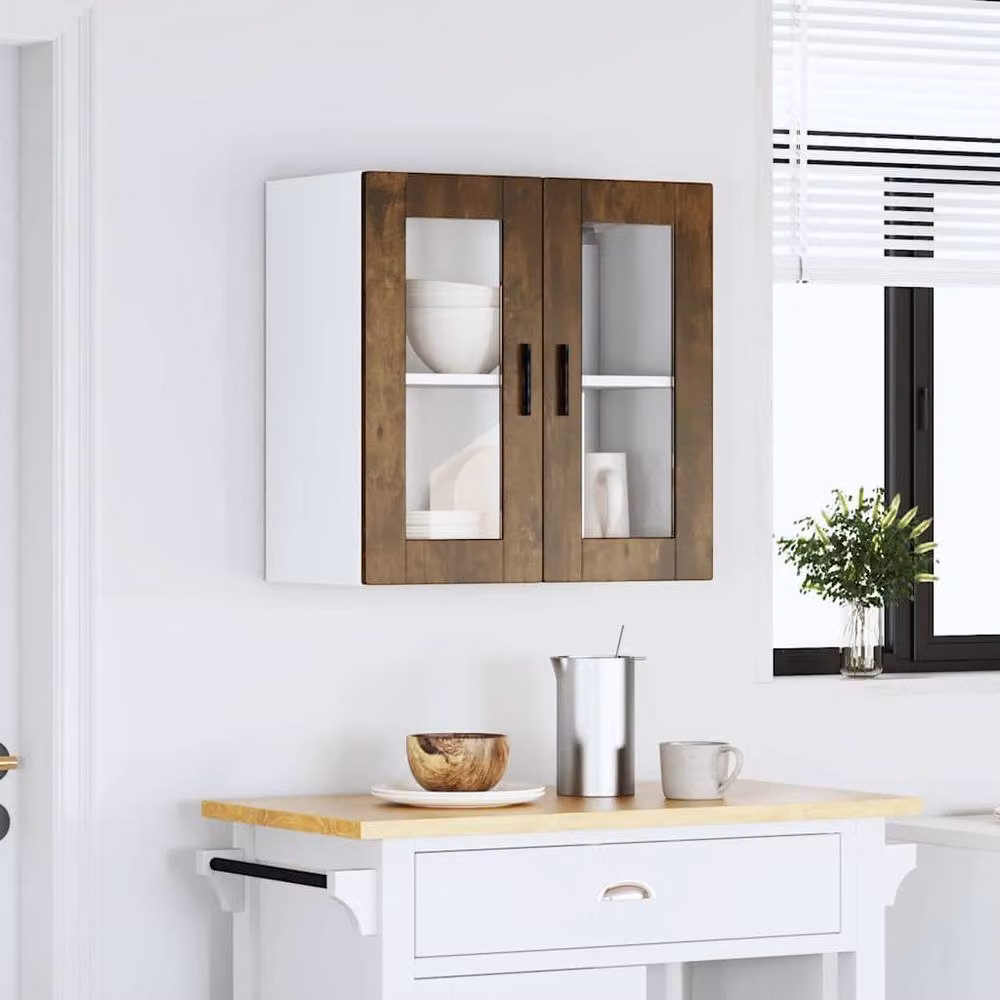 Berkfield Home Kitchen Wall Cabinet with Glass Doors in Porto Smoked Oak Brown – 2