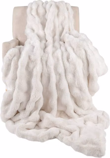 Costway White Faux Fur Throw Blanket, Reversible Double Face Fluffy Plush Bubble Blanket, W: 203 cm, D: 153 cm – 1