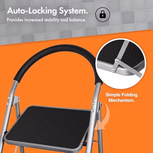 VonHaus 2 Step Steel Ladder in Grey with Anti-Slip Rubber Feet and 150kg Capacity – 3