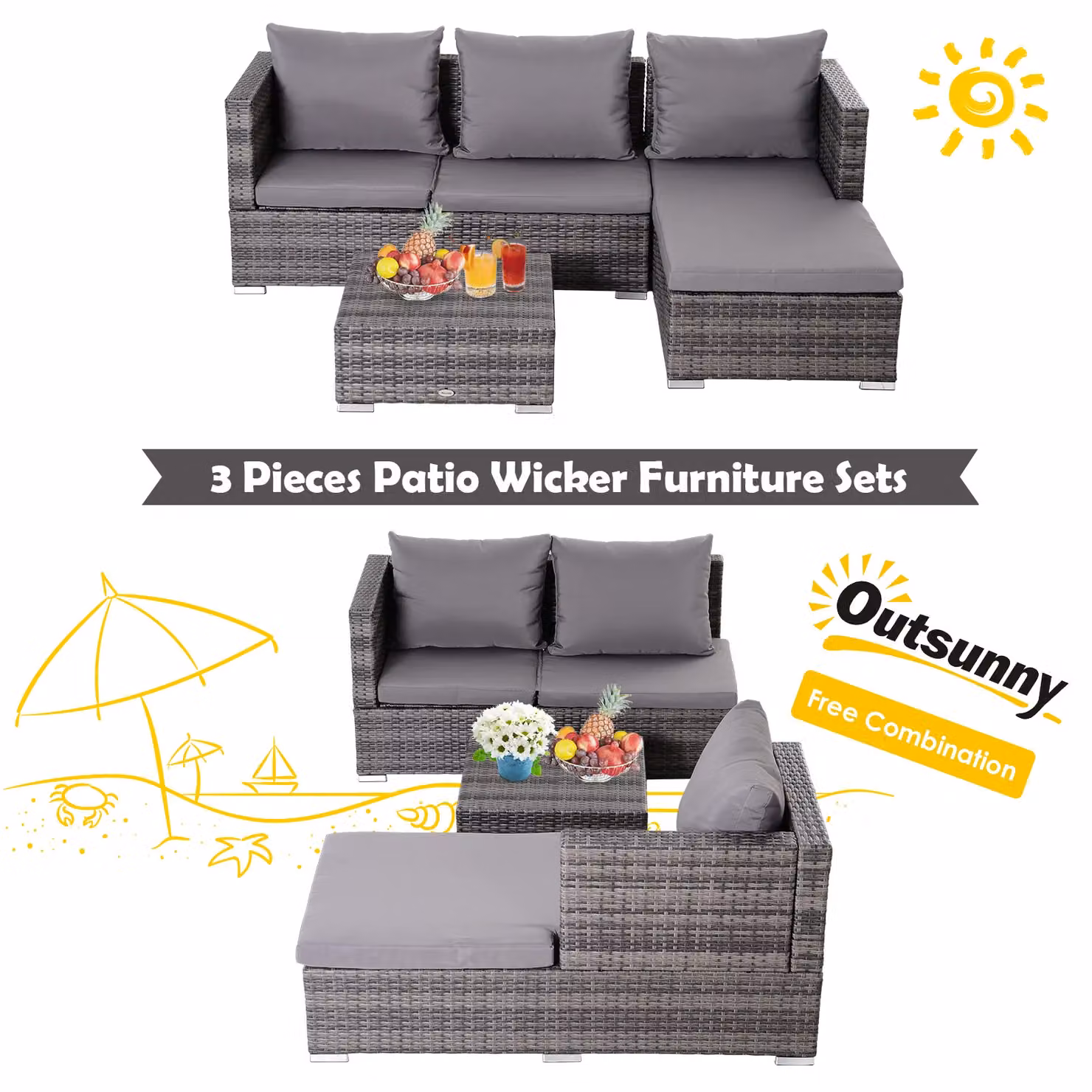 Outsunny 3 Piece Grey PE Rattan Reclining Sofa Set with 2 Loveseats – 5