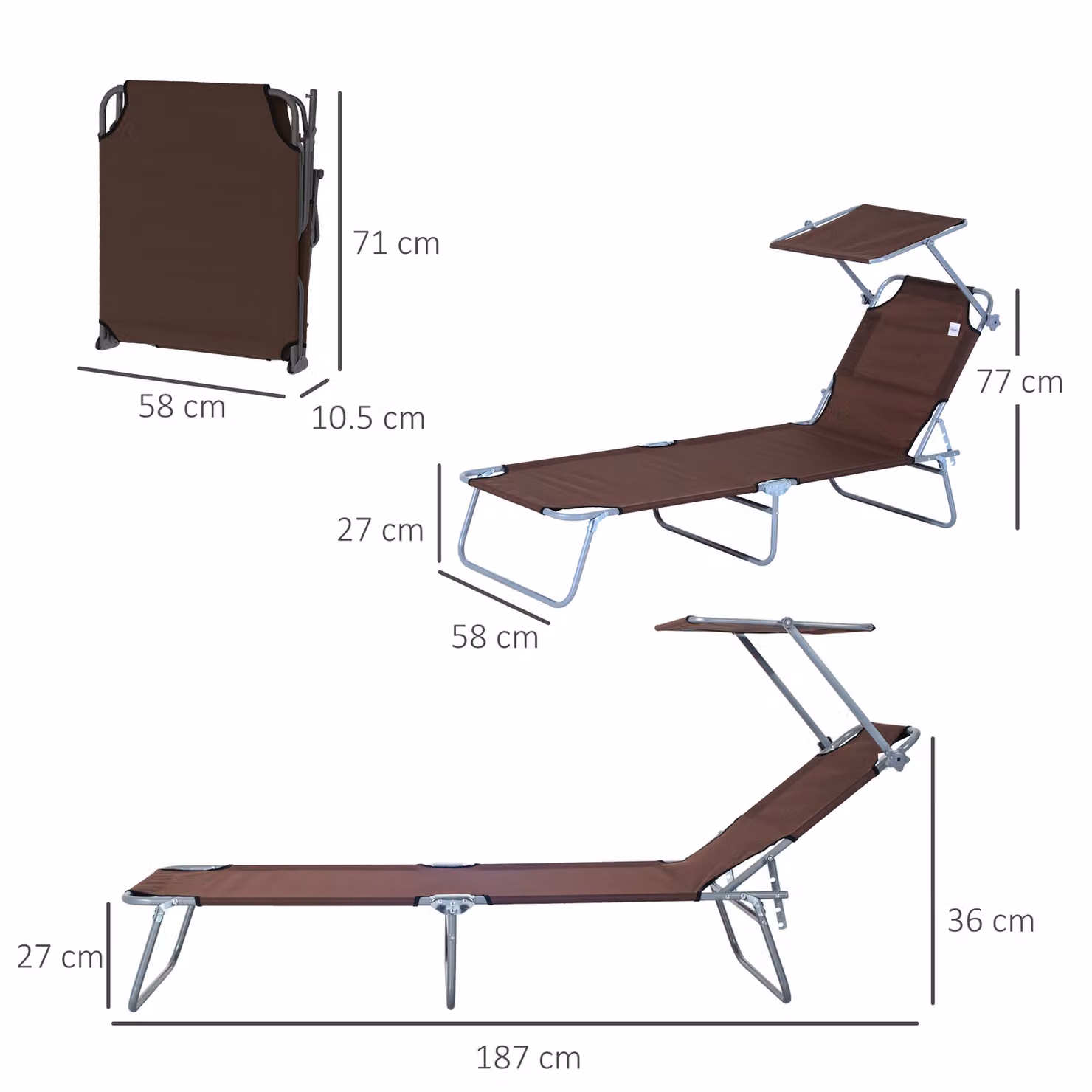 Outsunny Pair of Brown Canopied Sunloungers with Adjustable Headrests and Textilene Fabric – 3
