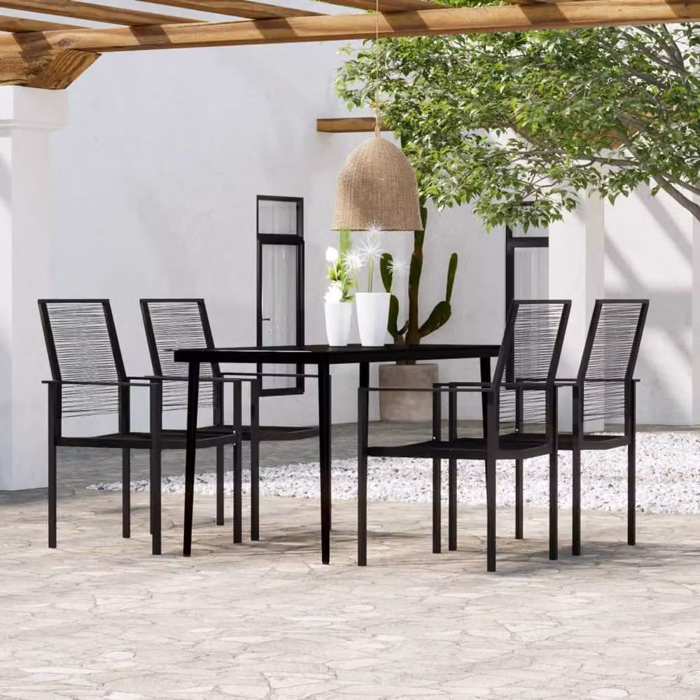 Berkfield Home 5 Piece Modern Garden Dining Set in Black Matt Metal, Glass and Rattan – 2