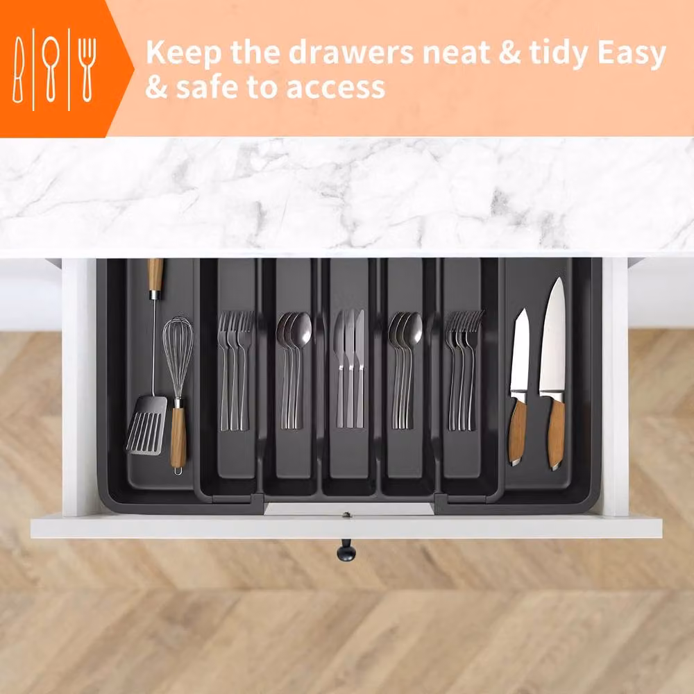 FLAVORA Black Plastic Extendable Cutlery Tray – 4
