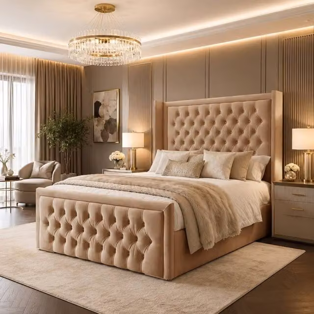 Desire Deco Luxury Wingback Upholstered Chesterfield Bed Frame in Beige Velvet, Size: 180 x 200 cm – 1