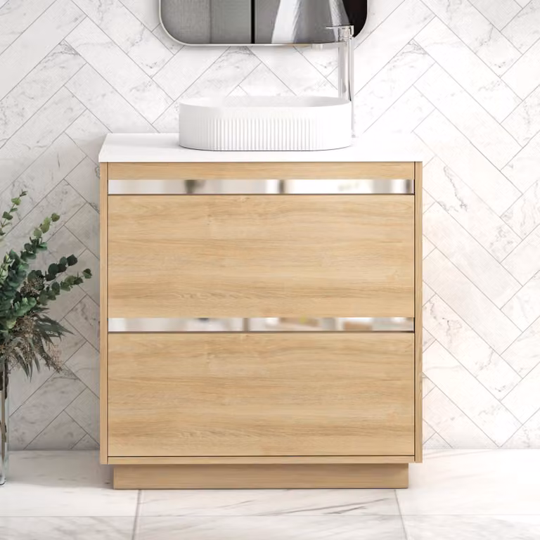 Royal Bathrooms Orion 800mm Natural Oak Floor Standing 2 Drawer Vanity Unit with Lyon Basin and Chrome Accent Trim in White