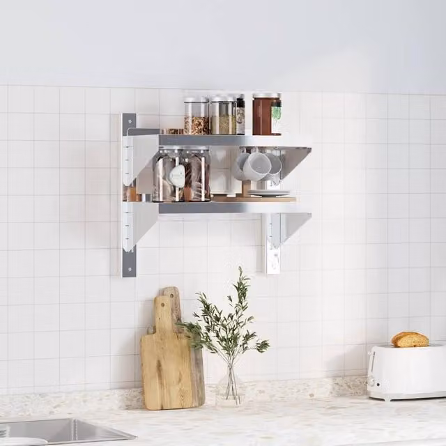 Berkfield Home 2-Tier Wall Mounted Metal Shelf in Silver, W/D/H: 50 x 23.5 x 60 cm