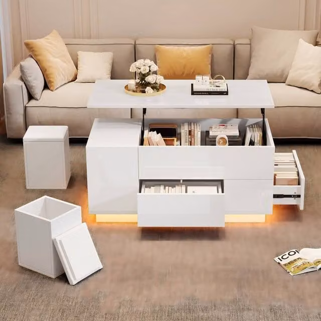 ModernLuxe High Gloss 4-in-1 Storage Coffee Table with LED and 2 Drawers in White