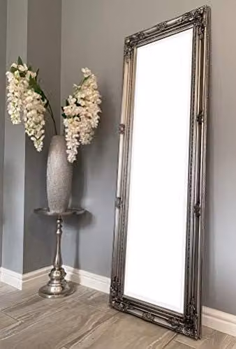 Downton Interiors Antique Silver Ornate Floral Hanging Wall Mirror, H 142 cm x W 42 cm – 1