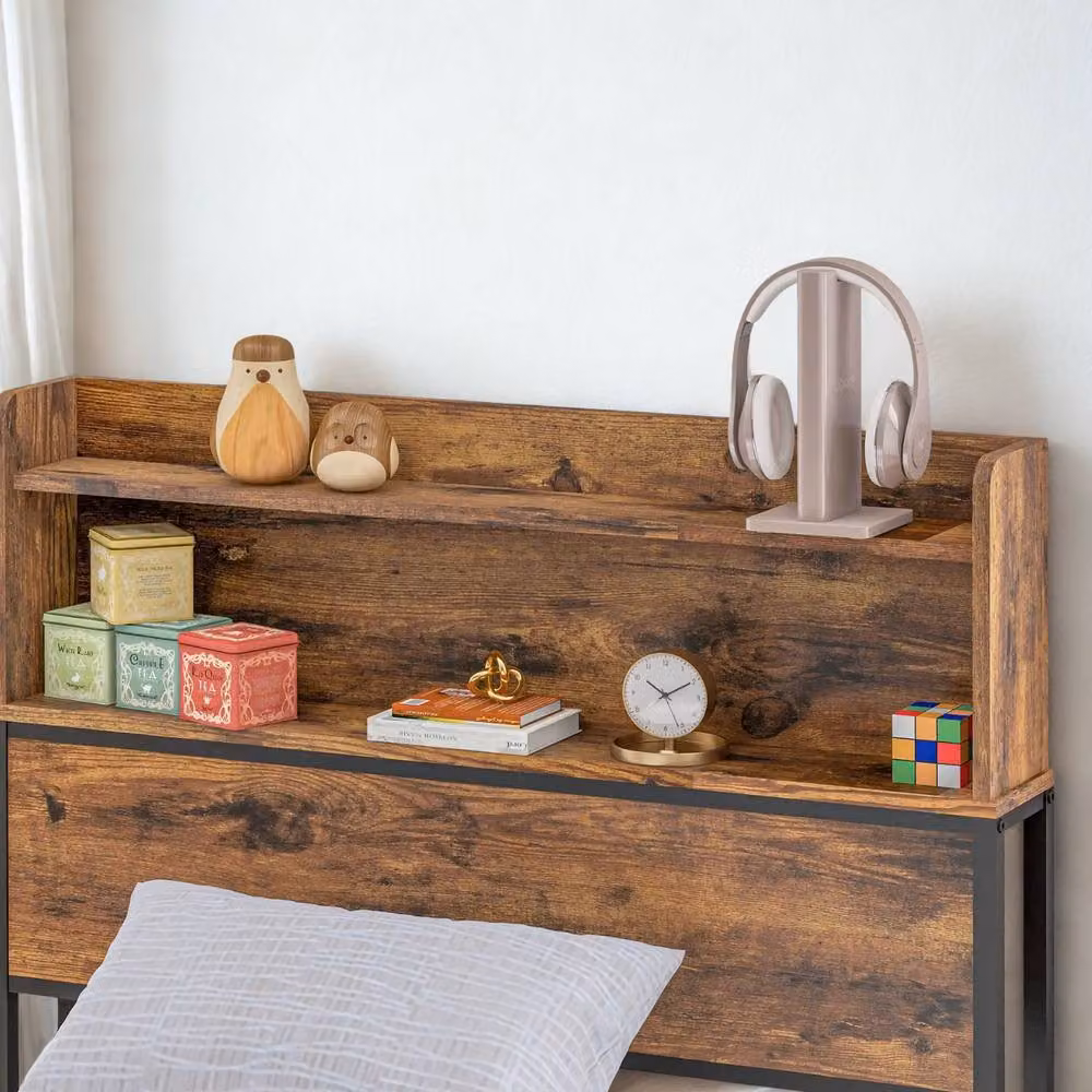 Pirlo Plush Single Industrial Bed Frame with Headboard and Side Compartment Storage in Brown and Black – 2