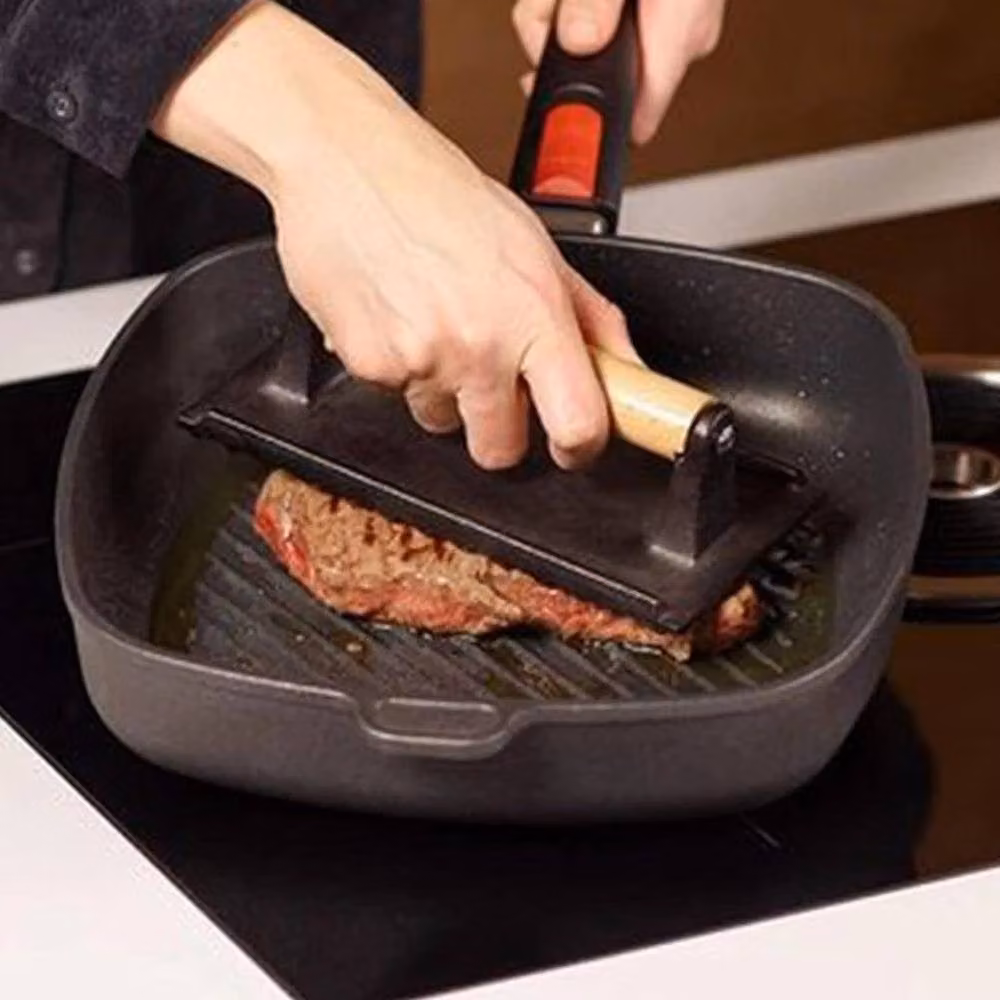 FLAVORA Set of 2 Cast Iron Bacon and Steak Meat Presses for BBQ and Grilling in Grey and Black – 4