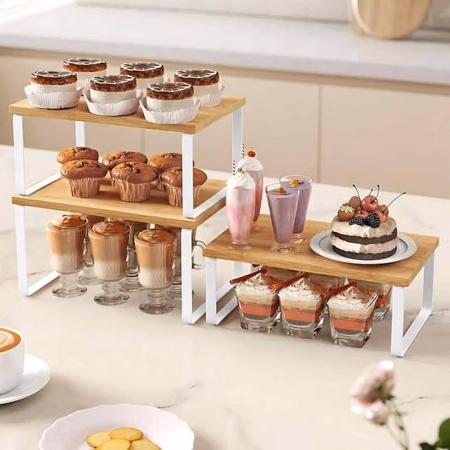 The Bazaarist Set of 3 Expandable Kitchen Storage Shelves in White and Beige Wood – 1