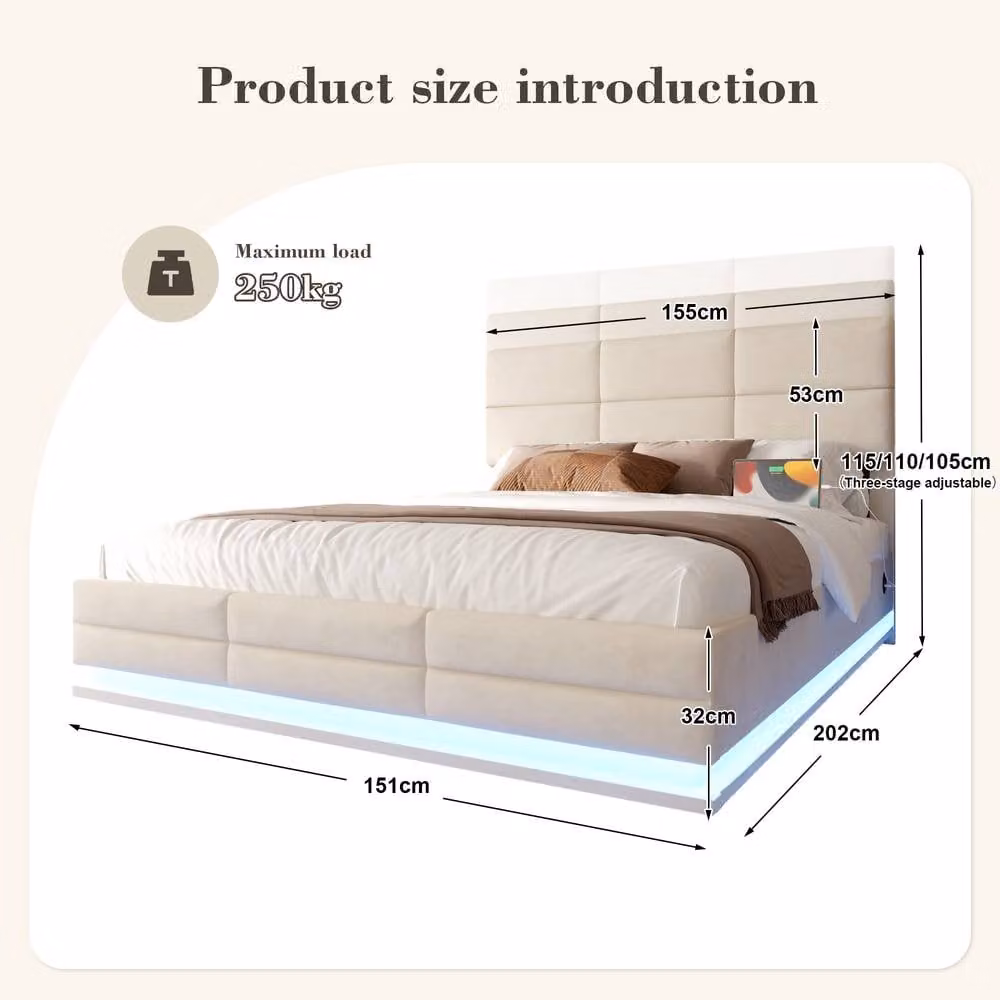 Direct Wicker Grey Velvet Upholstered Double Bed with LED Lighting, USB Charging Port and Lift Up Base, W/D/H: 140 x 200 x 151 cm – 1