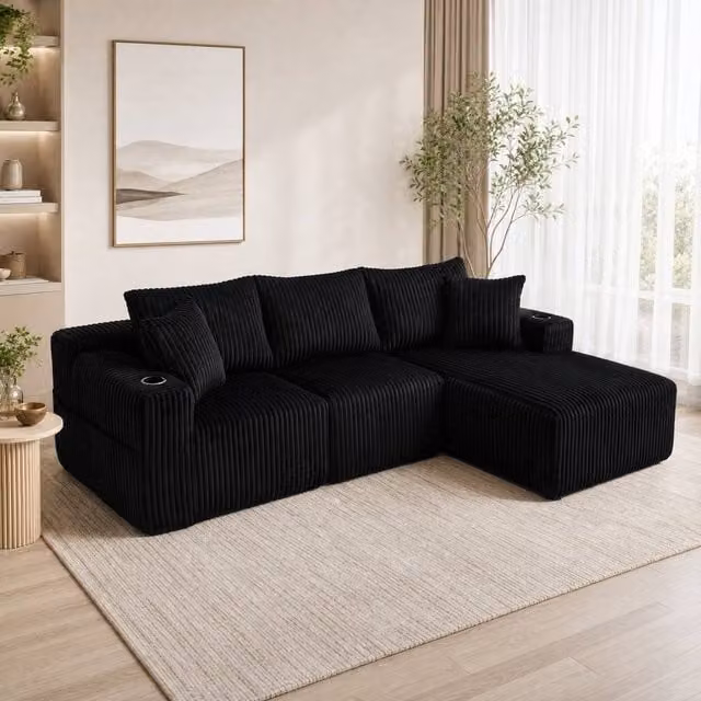 STILVORA Modular L-Shaped Upholstered Sofa in Black with Cup Holders, Sleeping Function and Scatter Cushions – 1