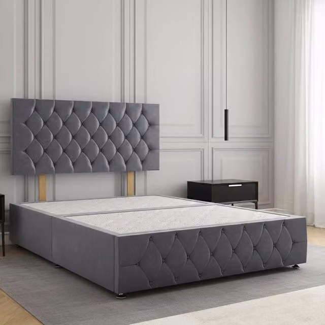 Regional Furnishings Super King Divan Bed with 24 inch Plush Velvet Headboard and Footboard in Charcoal Grey, W: 200 cm x D: 200 cm