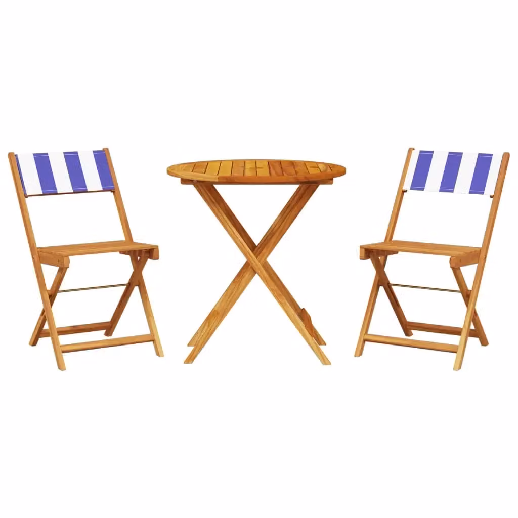 Berkfield Home 3 Piece Acacia Wood Bistro Set with Blue and White Striped Fabric Seats – 2