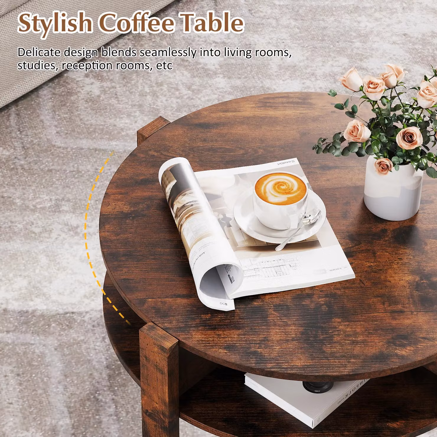 Gymax 2-Tier Round Wood Coffee Table with Storage in Brown – 4