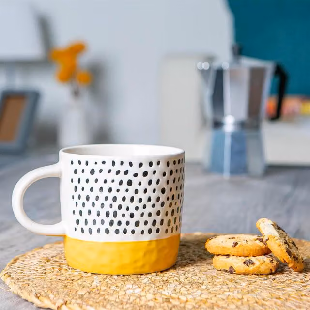Nicola Spring Dipped Dotty Stoneware Coffee Mugs, 385ml, 2-Piece Set, Yellow