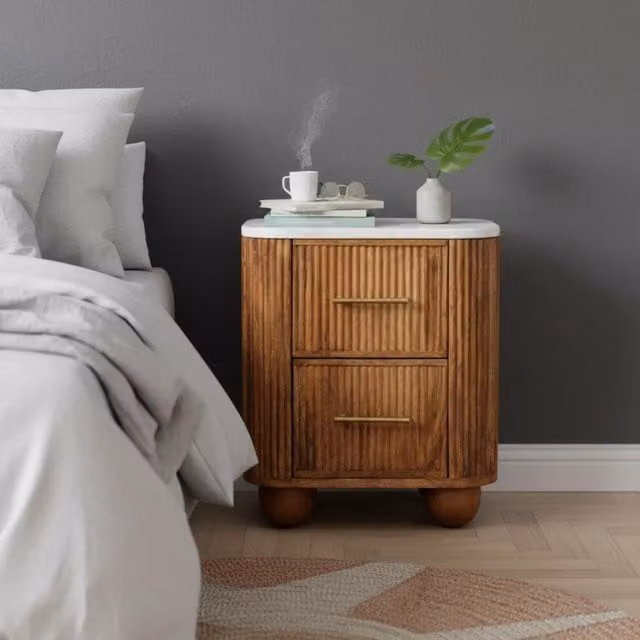 Artisan Furniture Aurora Marble Bedside Table in Brown and Gold Mango Wood