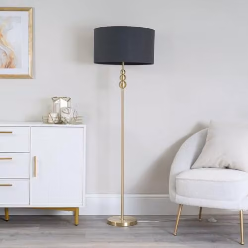 ValueLights Gold Stacked Ball Single Stem Standing Floor Lamp with Charcoal Grey Drum Shade – 2