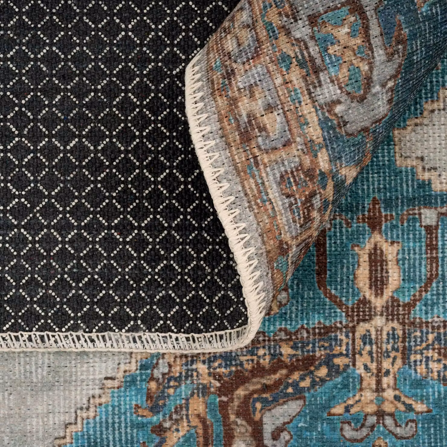 Kukoon Teal Blue Distressed Bordered Medallion Non Slip Washable Low Pile Rug W: 160 cm, D: 230 cm – 3