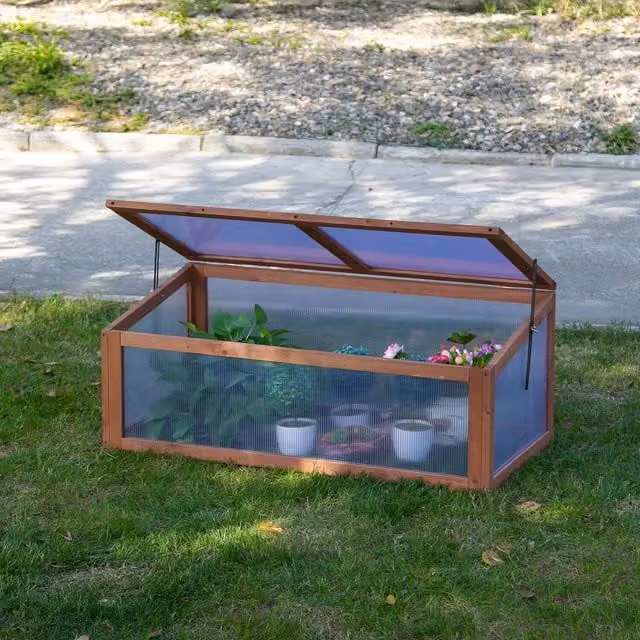 Outsunny Rustic Brown Wooden Cold Frame Greenhouse with Transparent Polycarbonate Panels