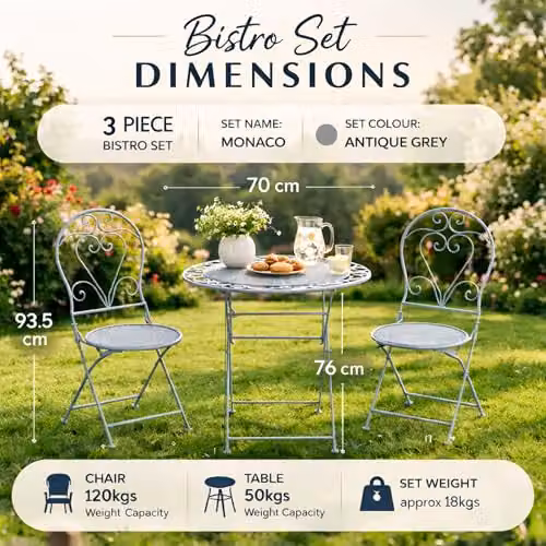GlamHaus Monaco 3 Piece Metal Bistro Set in Antique Grey – 5
