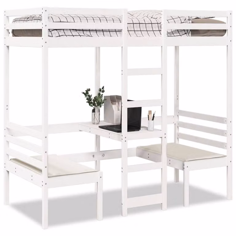 Berkfield Home Loft Bed Frame with Desk and Chairs in White Solid Pine, W/D/H: 90 x 200 cm
