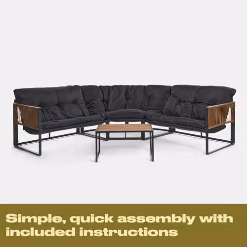 OHS Santorini 5 Seater L-Shape Corner Sofa and Coffee Table Set in Black with Upholstered Cushions – 6