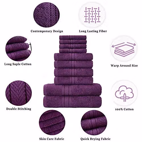 GAVENO CAVAILIA 10 Piece Egyptian Cotton Towel Set in Purple, including 4 Face Towels, 4 Hand Towels and 2 Bath Towels – 2