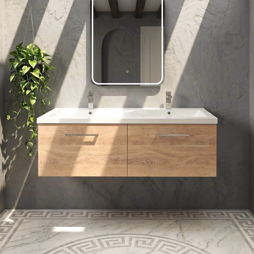 Balterley Level 1200mm Wall Hung Double Basin Vanity Unit with 2 Drawers in Bleached Oak Brown – 3