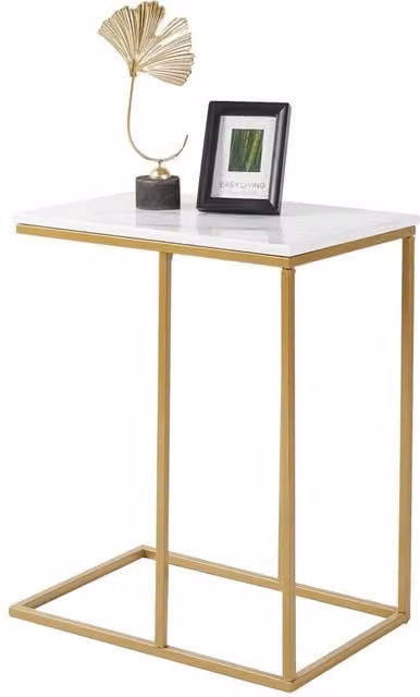 VOGREX Modern Marble Effect End Table in White and Gold with Nested Tops and Metal Sled Base