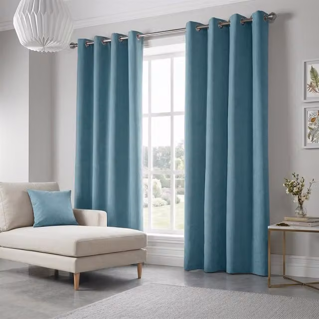 Livinluxury Velvet Chenille Eyelet Ring Top Curtains in Petrol Blue, 183 cm