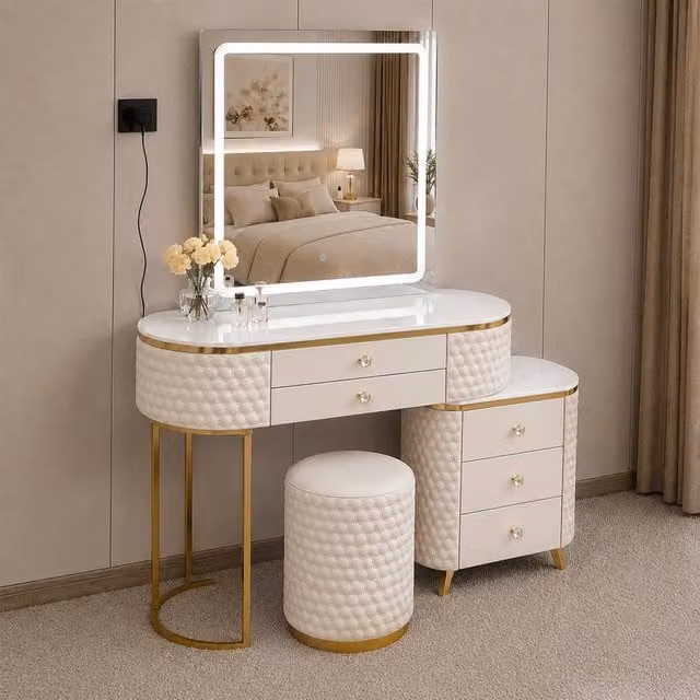 Sliding Wardrobes 4U Modern Dressing Table with LED Mirror, Stool and Storage Cabinet, Beige, W: 130 cm – 1