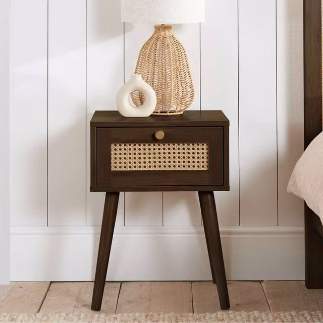 Birlea Croxley 1 Drawer Rattan Bedside Table in Walnut and Brown – 1