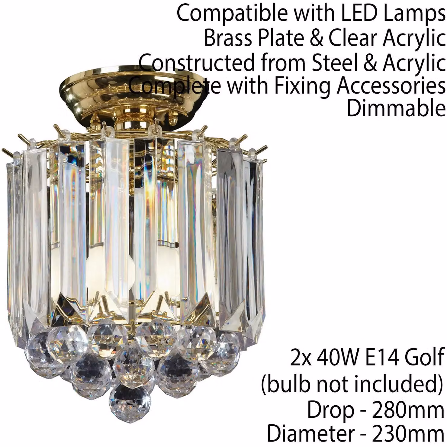 Loops Brass and Transparent Acrylic Flush Ceiling Mount Light, 2x E14 Lamp Holder, W/D/H: 28.0 x 23.0 x 23.0 cm – 2