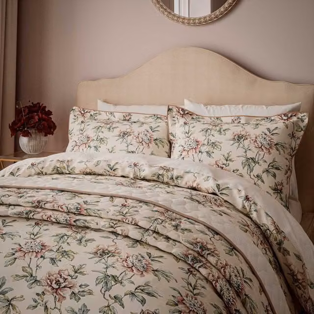 V&A Peony Blossom Double Duvet Cover and Pillowcase Set, Pink and Green Floral Cotton Percale, W: 140 cm, L: 200 cm
