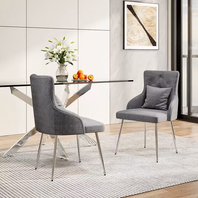 Livingandhome Grey Velvet Upholstered Dining Chair with Pillow