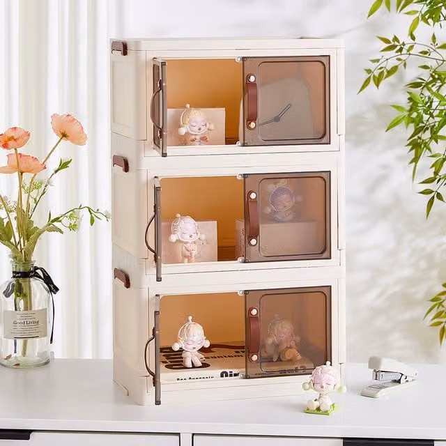 Livingandhome 3-Tier Stackable Multi-Compartment Desk Organisation Double-Door Storage Box in Brown and White