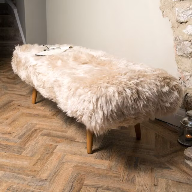 Native Natural Beige Shearling Sheepskin End Of Bed Bench with Oak Wood Frame