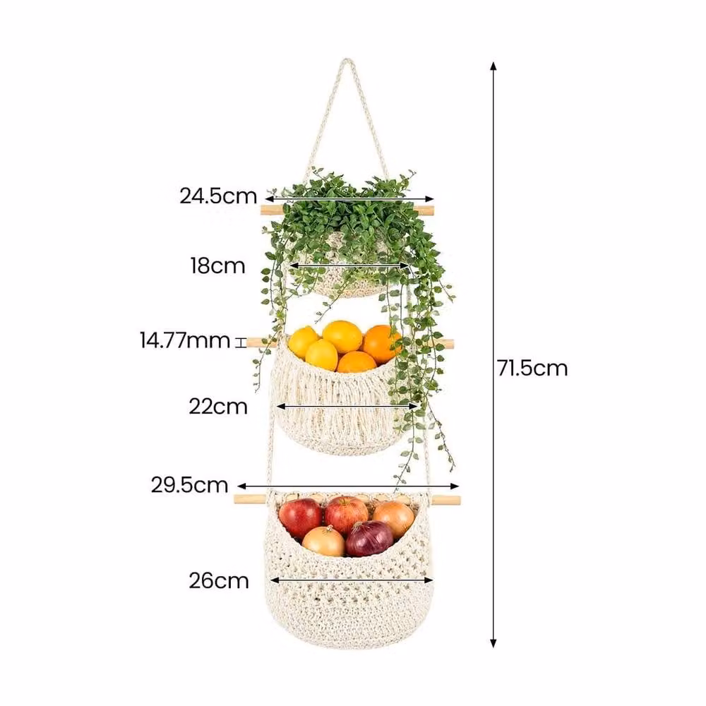 EONLION White 3-Tier Wall Mounted Cotton Rope Storage Basket in Off-White, W: 50 cm, H: 84 cm, D: 50 cm – 2