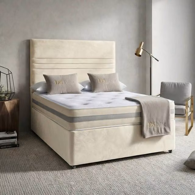 DS Living Harrington Cream and Beige Upholstered Fabric Divan Bed, W/D/H: 200 x 200 cm